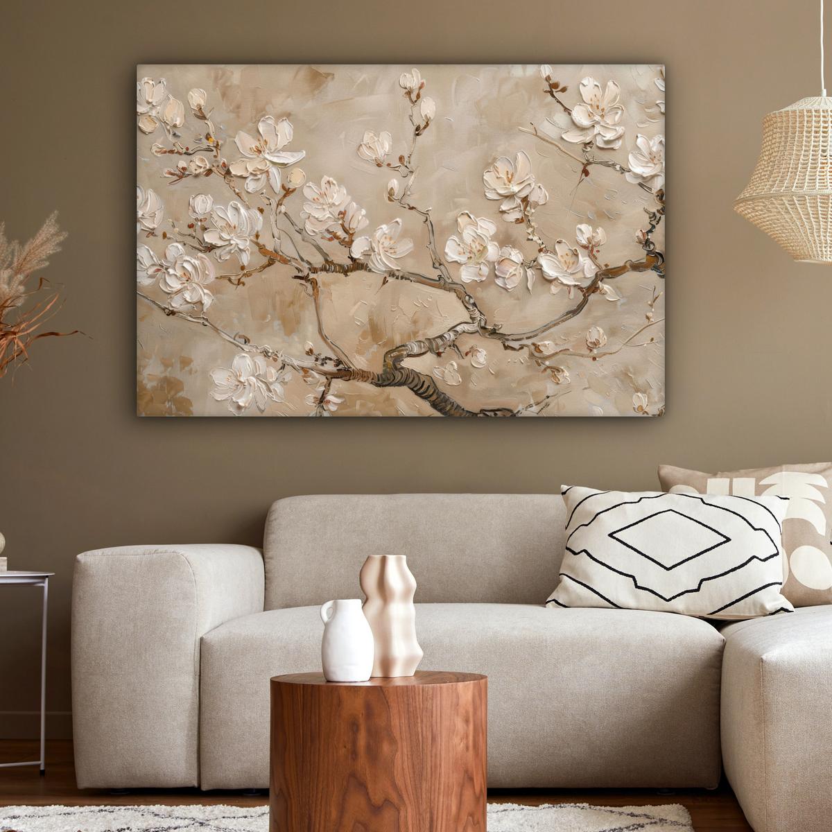 LEINWANDBILD Blumen - Modern - Beige - Weiß - Blüte Groß 140x90 cm - Beige, Textil (140/90cm) - MuchoWow