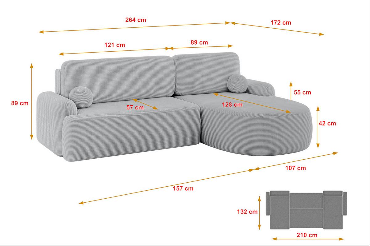ECKSOFA mit Schlaffunktion und Bettkasten LIRA-L - 264x172x89 Grau - Grau, Holzwerkstoff/Textil (172/264cm) - ALTDECOR