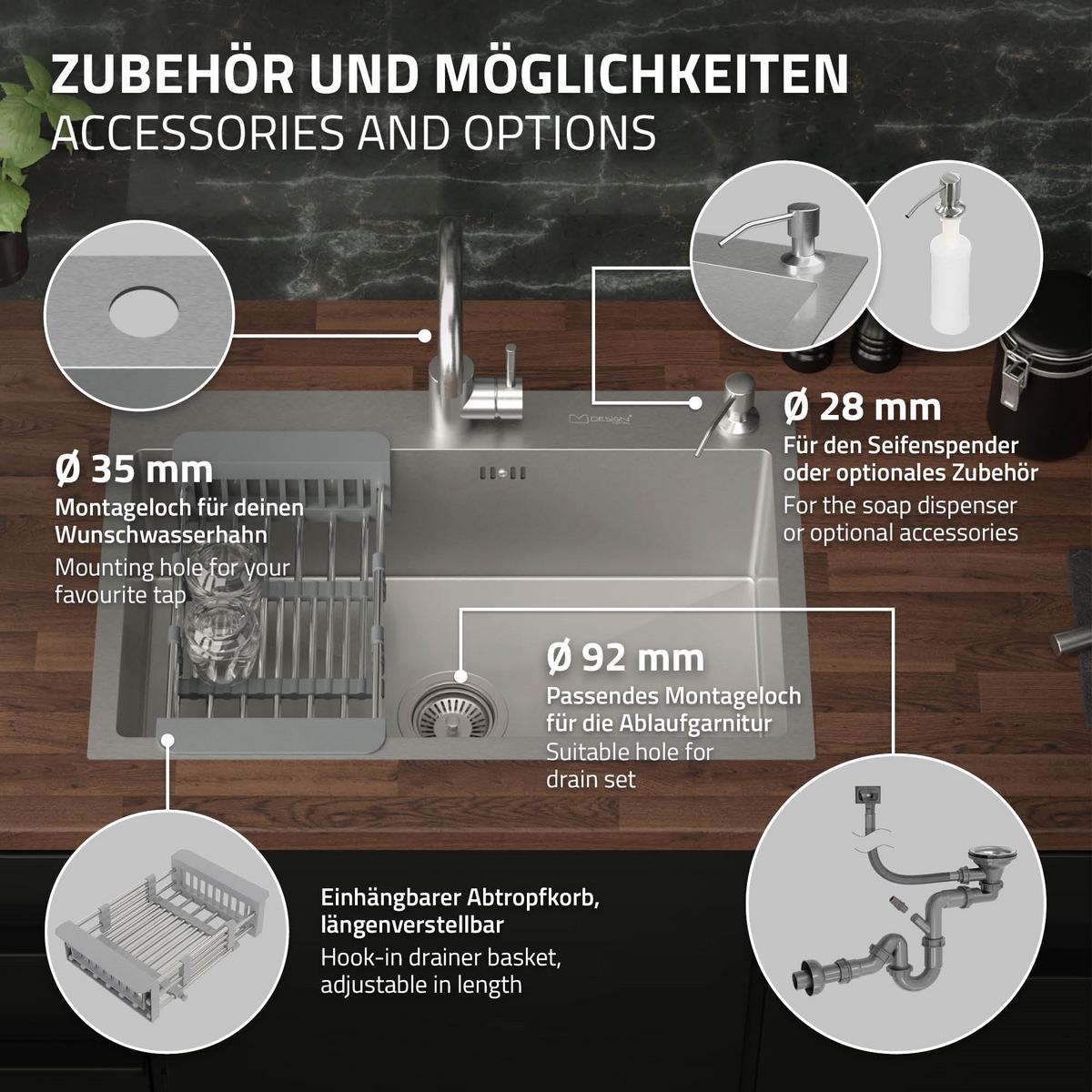 SPÜLBECKEN aus Edelstahl 68x45 cm mit Siphon und Seifenspender - Silberfarben, Metall (45/19/68cm) - ML-DESIGN