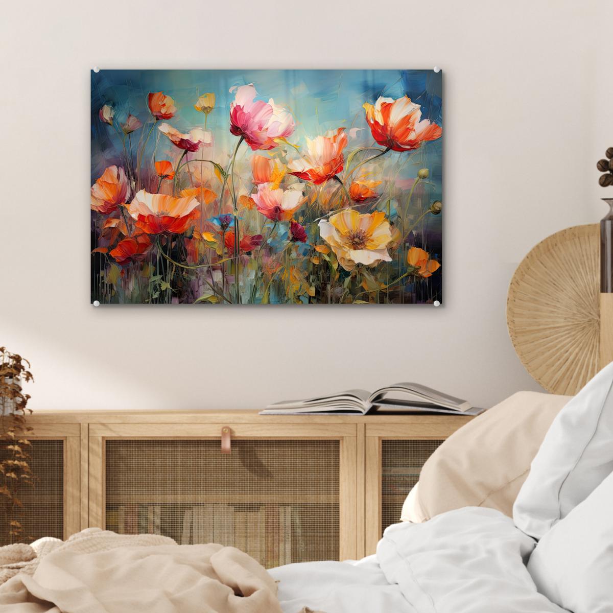 ACRYLGLASBILD Blumen - Aquarell - Kunst - Botanisch - Natur Wanddeko 60x40 cm - Orange, Glas (60/40cm) - MuchoWow