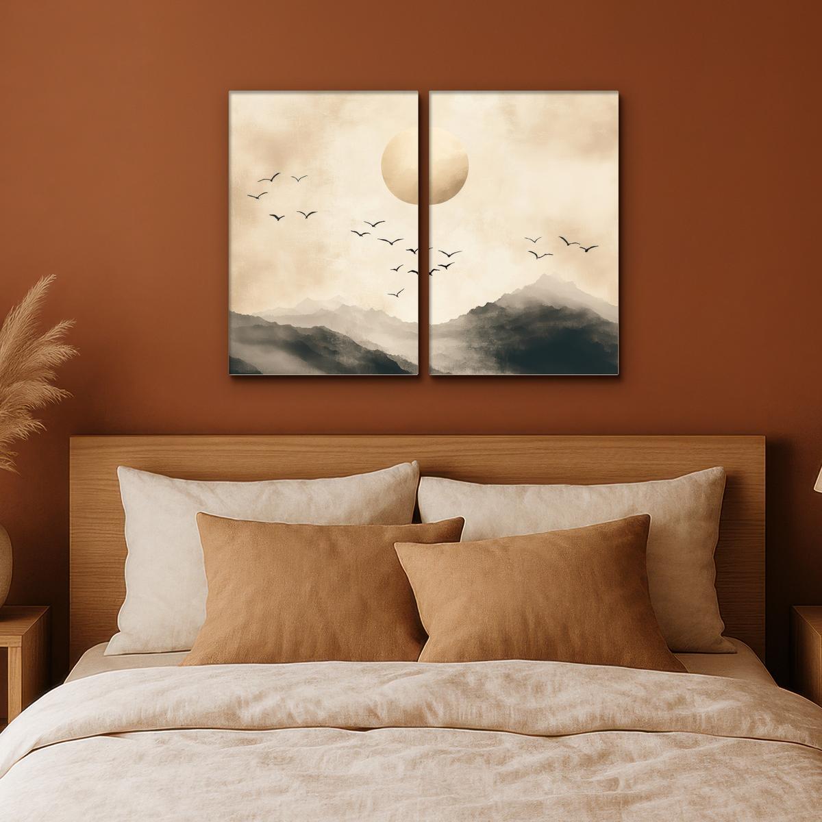 LEINWANDBILD 2er Set Landschaft - Japandi - Beige - Vögel 80x60 cm - Beige, Textil (80/60cm) - MuchoWow