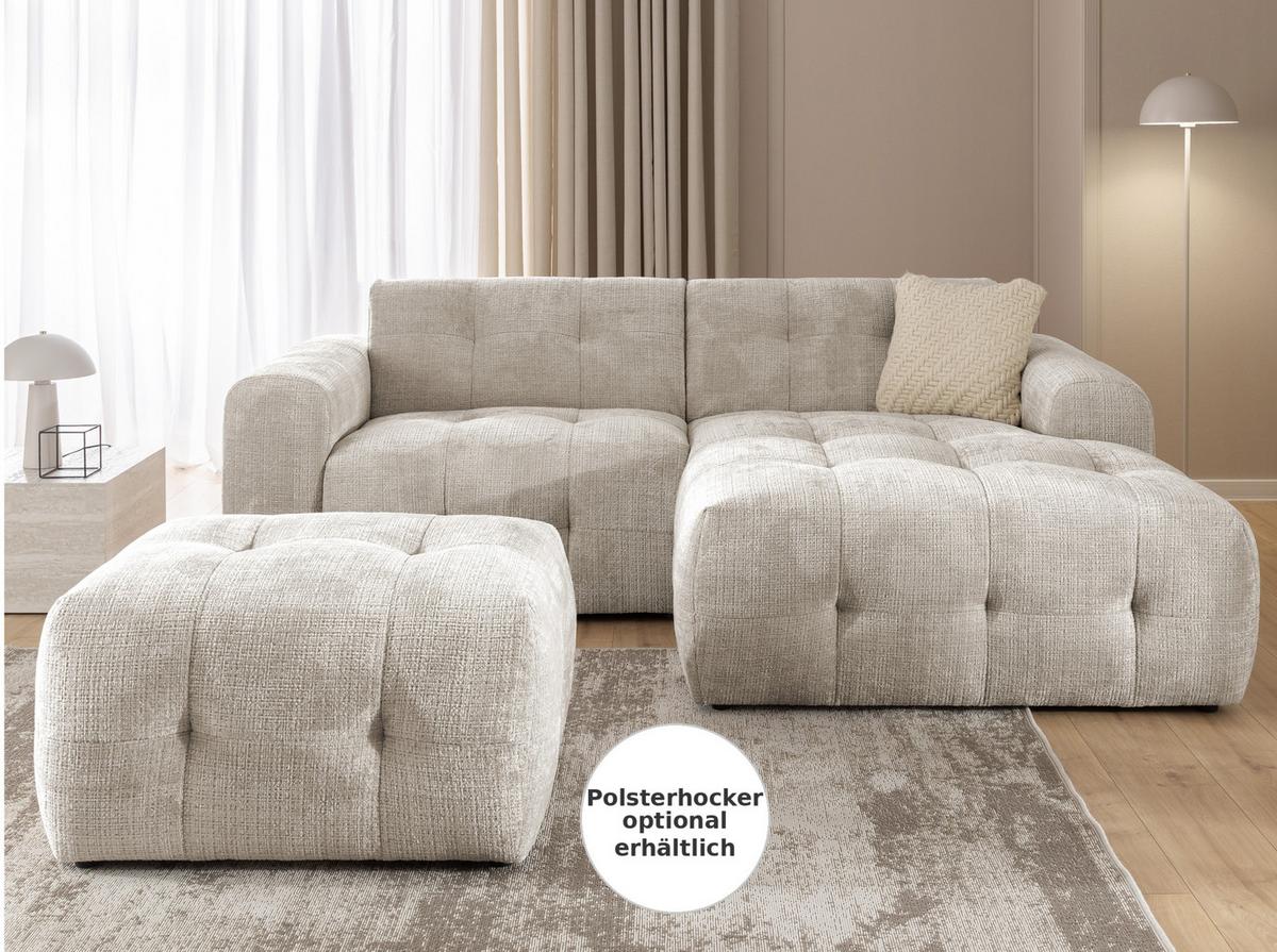 ECKSOFA mit Ottomane rechts, raffinierten Steppungen, Wellenunterfederung, B234/T161/H79 cm, Chenille-Bezug in Sandgrau / 21037 - Sandfarben/Greige, Kunststoff/Textil (234/79/161cm) - luma-home