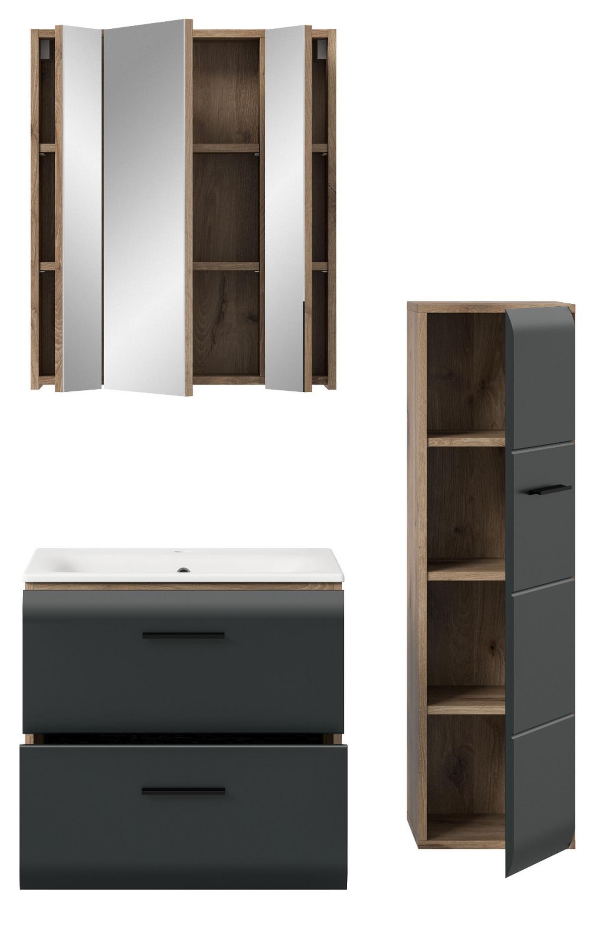 BADMÖBEL-SET schwarz matt, Eiche Nox, Badezimmer komplett mit Waschbecken 105 cm - Eichefarben/Schwarz, Glas/Holzwerkstoff (105/185/46cm) - Inn.Furn