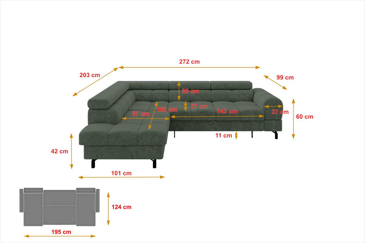 ECKSOFA mit Schlaffunktion Ottomane Links LUMA-L 272x203x70 Grün Velours - Schwarz/Grün, Holzwerkstoff/Kunststoff (272/203cm) - ALTDECOR
