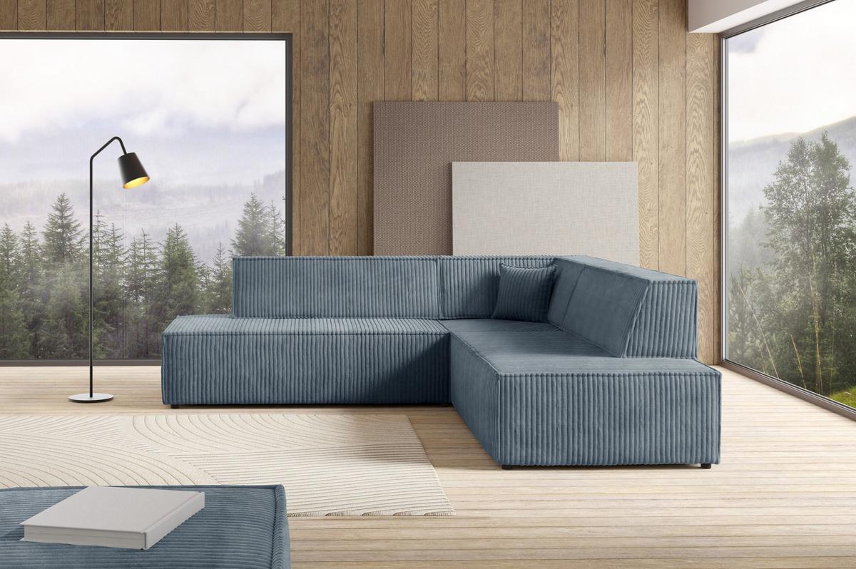 ECKSOFA TESSO II R-S Grau Kordstoff mit Schlaffunktion - Grau, Holz (254/254cm) - MASSENO