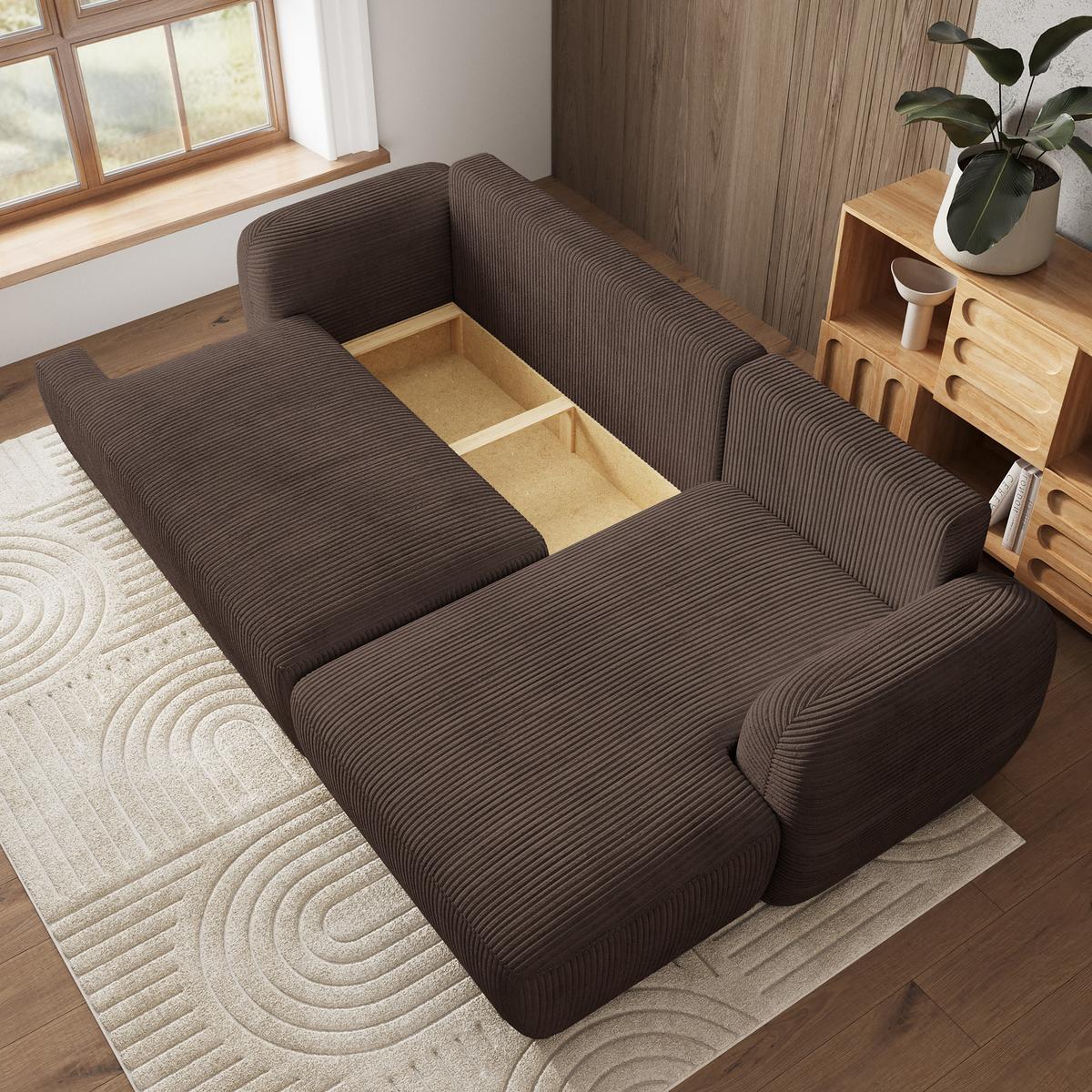 ECKSOFA MODENZA P R-S Braun Kordstoff mit Schlaffunktion - Schwarz/Braun, Holz/Kunststoff (266/148cm) - MASSENO