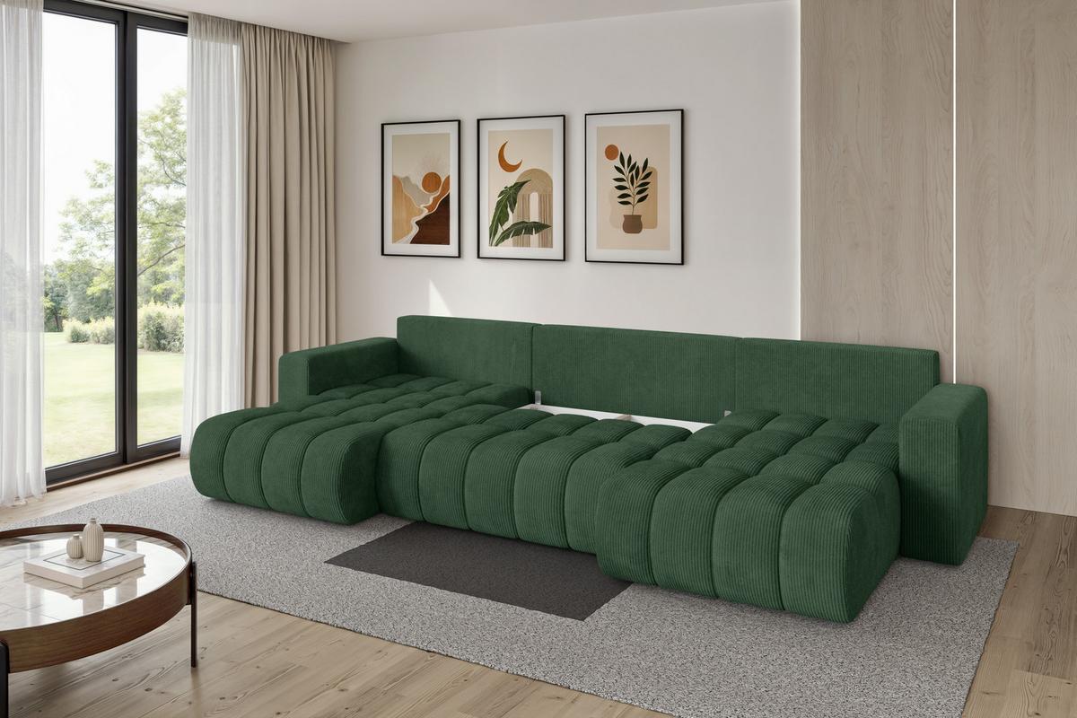 WOHNLANDSCHAFT mit Schlaffunktion und Bettkasten MILA-U-v1 378x194x86 Grün Cord - Dunkelgrün/Schwarz, Holzwerkstoff/Kunststoff (378/86/194cm) - ALTDECOR