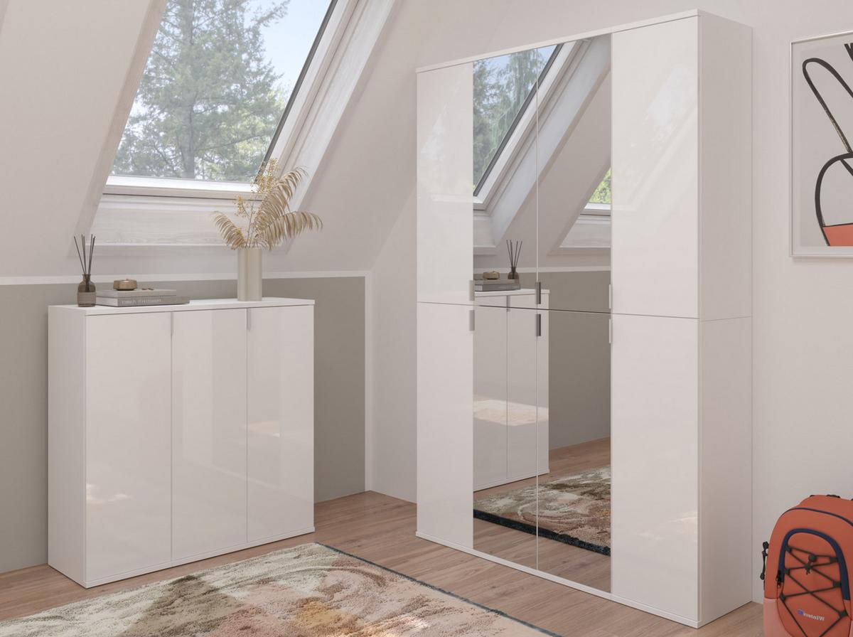 KOMMODE Weiß Hochglanz 61 x 99 cm 2-türig, Mehrzweckschrank, Schuhschrank mit 6 Fächern - Weiß Hochglanz/Silberfarben, Holzwerkstoff/Kunststoff (61/99/34cm) - Inn.Furn