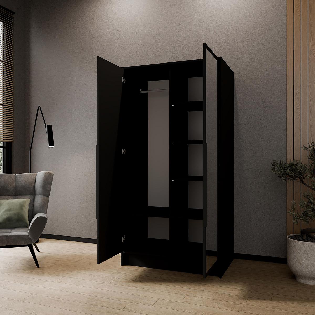 DREHTÜRENSCHRANK Laro mit Spiegel, Schwarz mit mit schwarzen Griffen, 100 cm - Schwarz, Holzwerkstoff (100/200/51cm) - Beautysofa