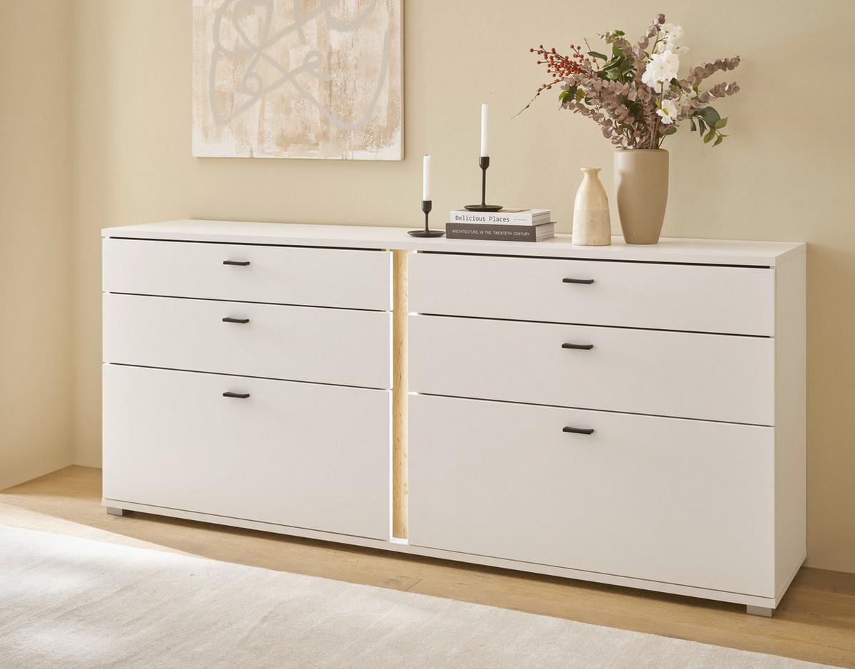 SIDEBOARD weiß matt, Eiche Wotan 200 cm, Kommode inklusive Frontbeleuchtung - Eiche Wotan/Silberfarben, Holzwerkstoff/Kunststoff (200/86/42cm) - Furn.Design