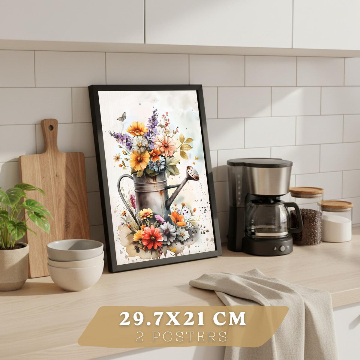 POSTER 2er Set Blumen-Wandbilder Rosen in Vase Botanisches Aquarell Bunt Küche Wohnzimmer Wanddeko Rahmenlos A4 - Schwarz, Papier (29.7/1/21cm) - Nacnic