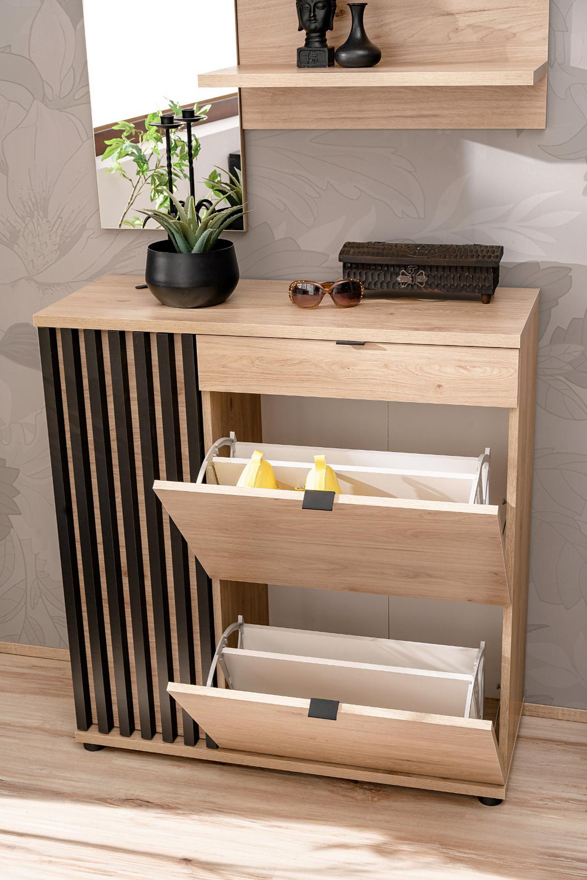 SCHUHSCHRANK Eiche Jackson, schwarz 90 cm, Schuhkommode mit Kippern - Eichefarben/Schwarz, Holzwerkstoff/Kunststoff (90/94/35cm) - Furn.Design