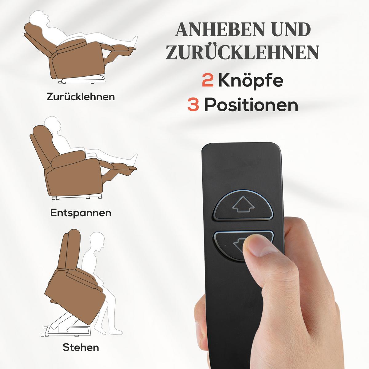 FERNSEHSESSEL mit Aufstehhilfe, Braun - Schwarz/Braun, Textil/Metall (95/109/91cm) - HOMCOM