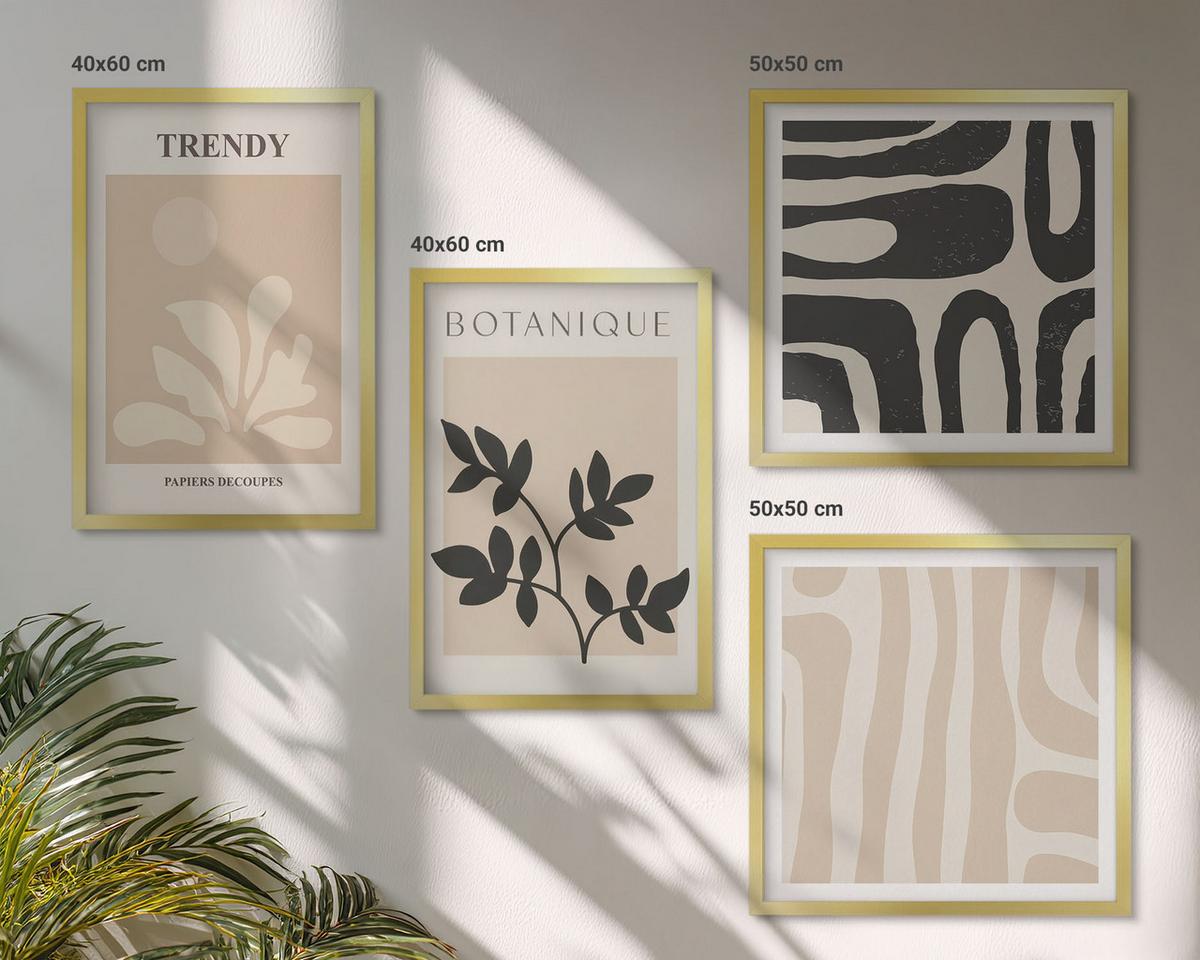 BILDER SET 4er Set - 50x50 cm & 40x60 cm Goldrahmen - Stilvolle Pflanzenmuster in Beige und Schwarz - Goldfarben, Kunststoff (50/50cm) - TULUP