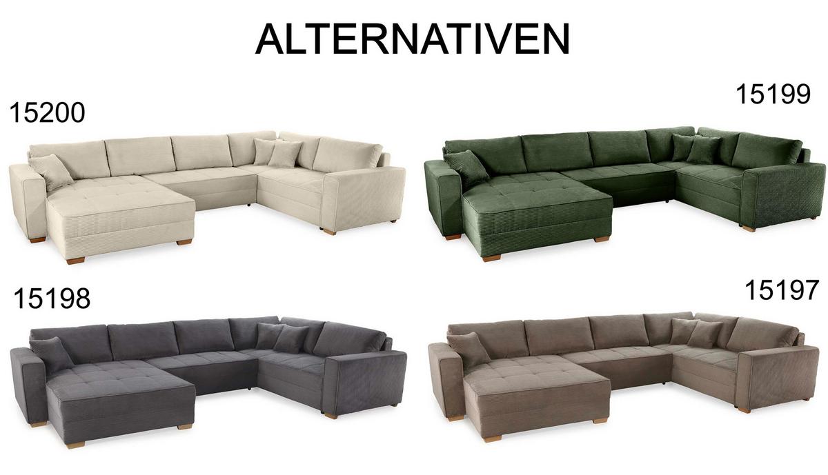 WOHNLANDSCHAFT Schlaffunktion Bettkasten Wellenunterfederung, spiegelverkehrt montierbar U-Form B379/T227/H86 cm, Cord Dunkelgrau / 15198 - Dunkelgrau/Eichefarben, Holz/Textil (379/86/227cm) - luma-home