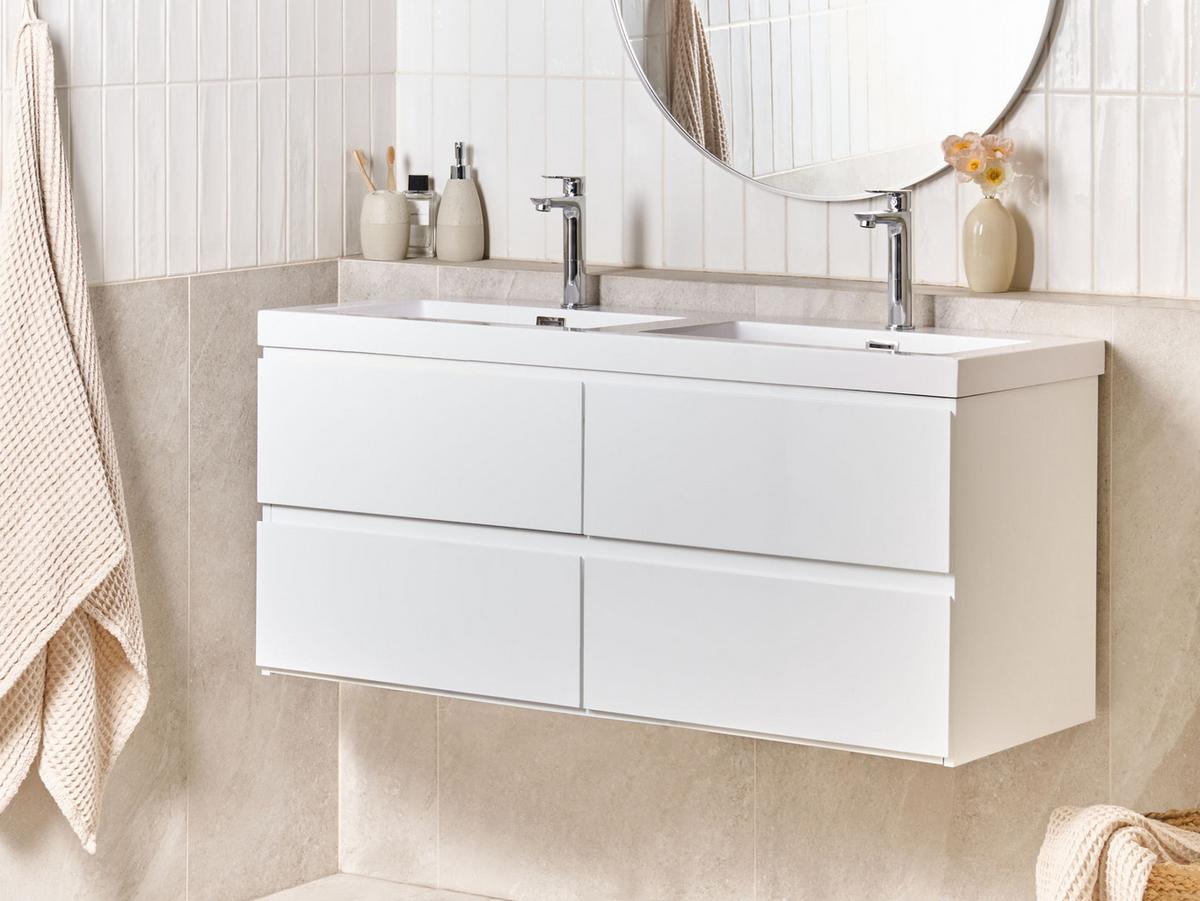 WASCHBECKENUNTERSCHRANK wandmontiertk mit Doppelwaschbecken Weiß Cardiel - Weiß, Holzwerkstoff (120/52/46cm) - Beliani