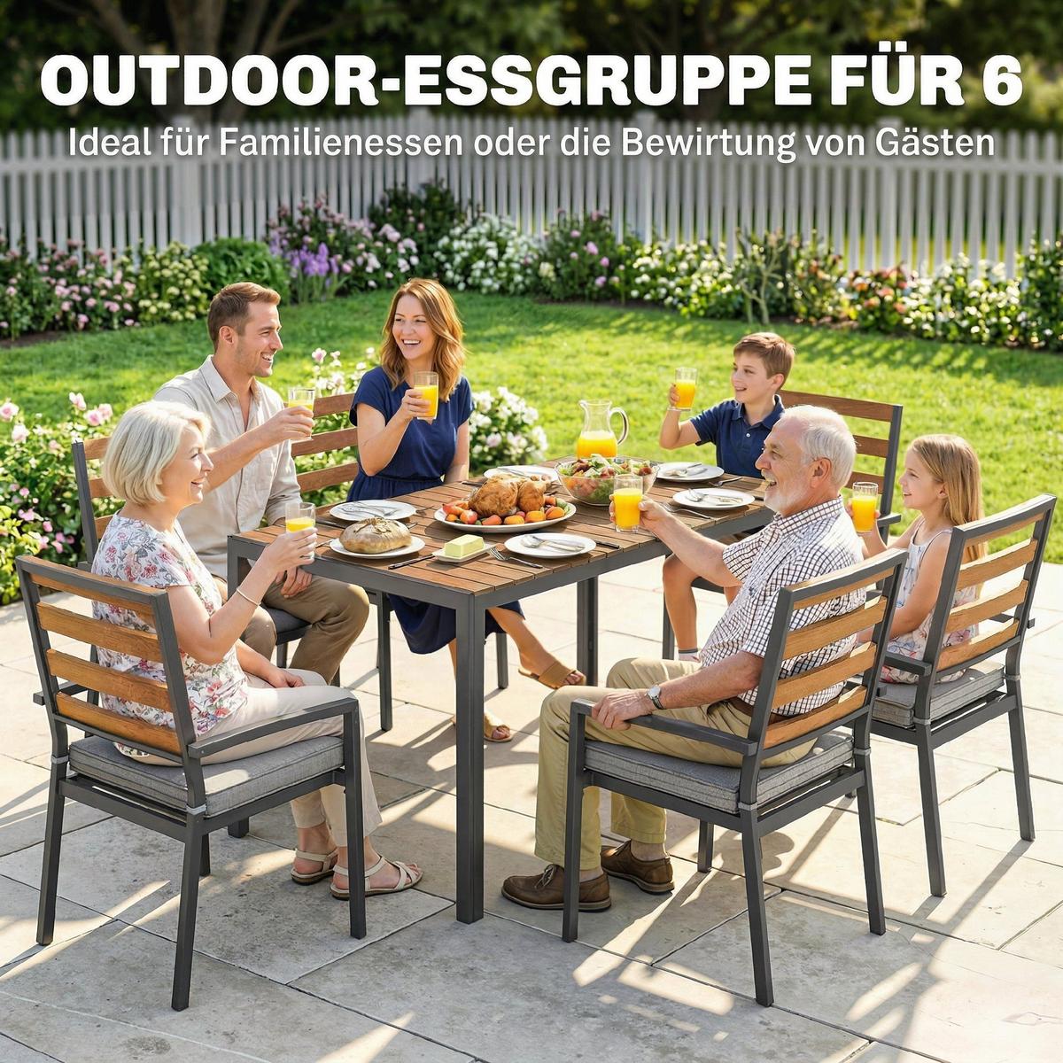 GARTENGARNITUR 7ER-SET aus Verzinktem Stahl Naturholz - Dunkelgrau/Hellgrau, Textil/Metall - Outsunny
