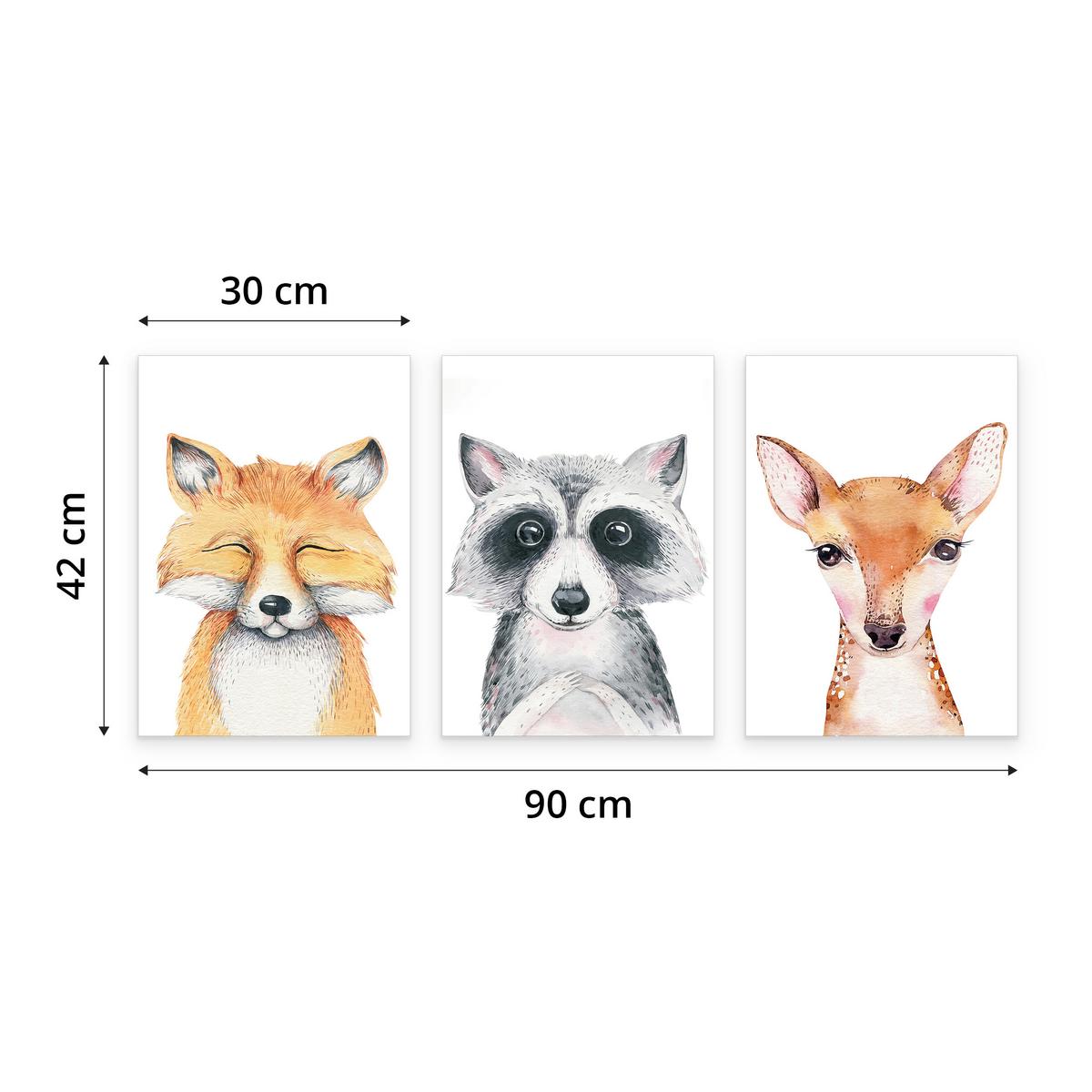 POSTER SET ohne Rahmen für Kinderzimmer WALDTIERE Fuchs Waschbär Reh A3 30x42cm - Beige/Orange, Papier (30/42/1cm) - Muralo