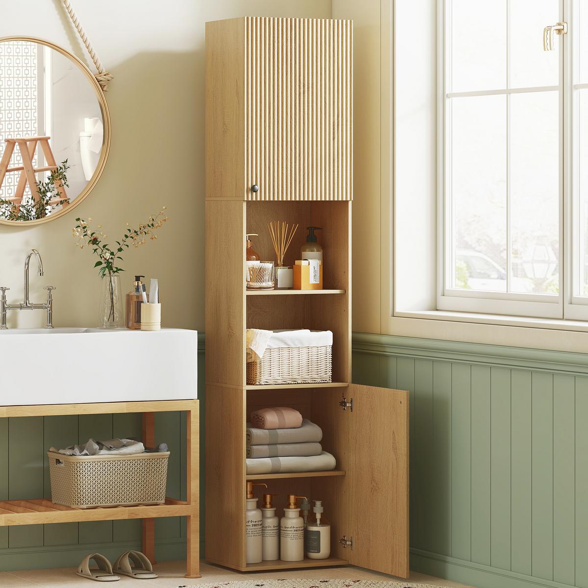 BADEZIMMERSCHRANK Spanplatte MDF Eiche - Eichefarben/Schwarz, Holzwerkstoff/Kunststoff (31/182/40cm) - HOMCOM