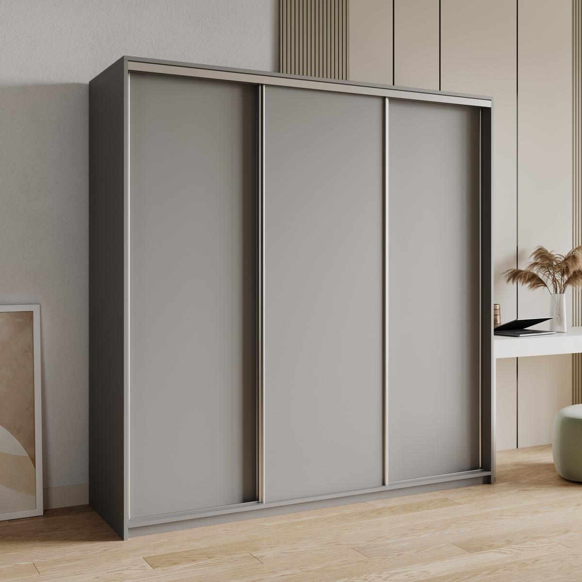 SCHWEBETÜRENSCHRANK NISSE 180/205/60 cm 3-türig mit Schubladen Graphitfarben - Graphitfarben/Nickelfarben, Holzwerkstoff (180/205/60cm) - MASSENO