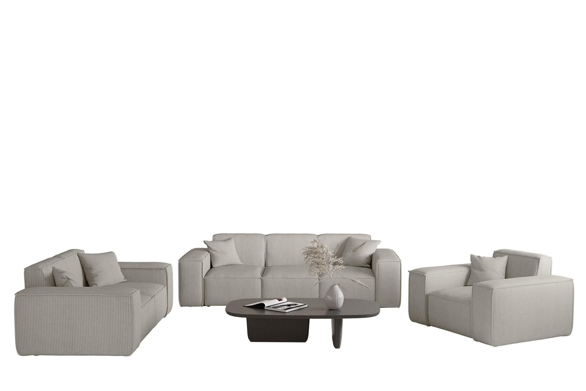 SOFASET Celes Premium 3-2-1 Stoff Scala - Hellgrau, Holzwerkstoff/Textil (225/73/88cm) - Fun Möbel