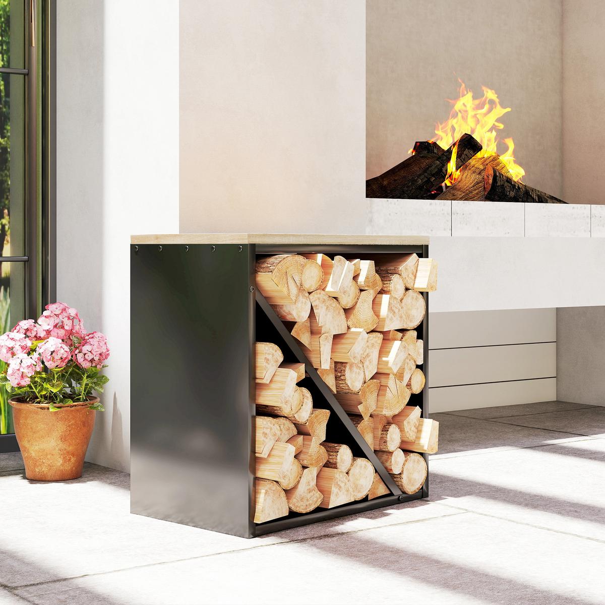 KAMINHOLZREGAL 2-in-1 für innen 58 x 36 x 60cm Brennholzregal Metall - Schwarz, Metall (36/60/58cm) - Outsunny