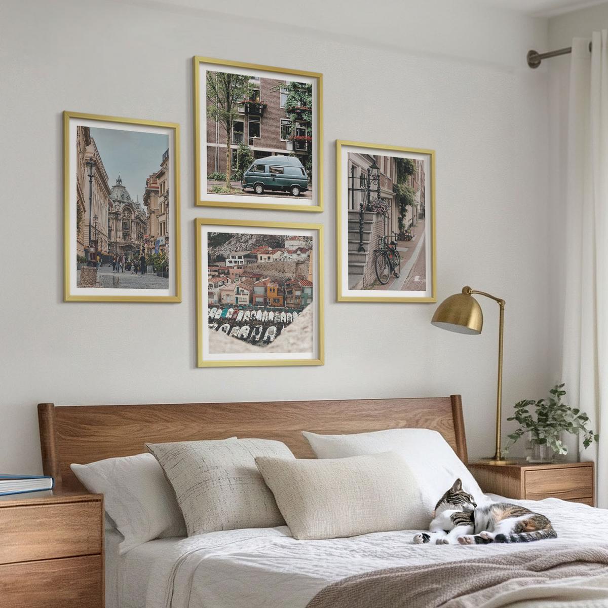 BILDER SET 4er Set - 50x50 cm & 40x60 cm Goldrahmen - Stadtansichten von Gebäuden - Goldfarben, Kunststoff (50/50cm) - TULUP