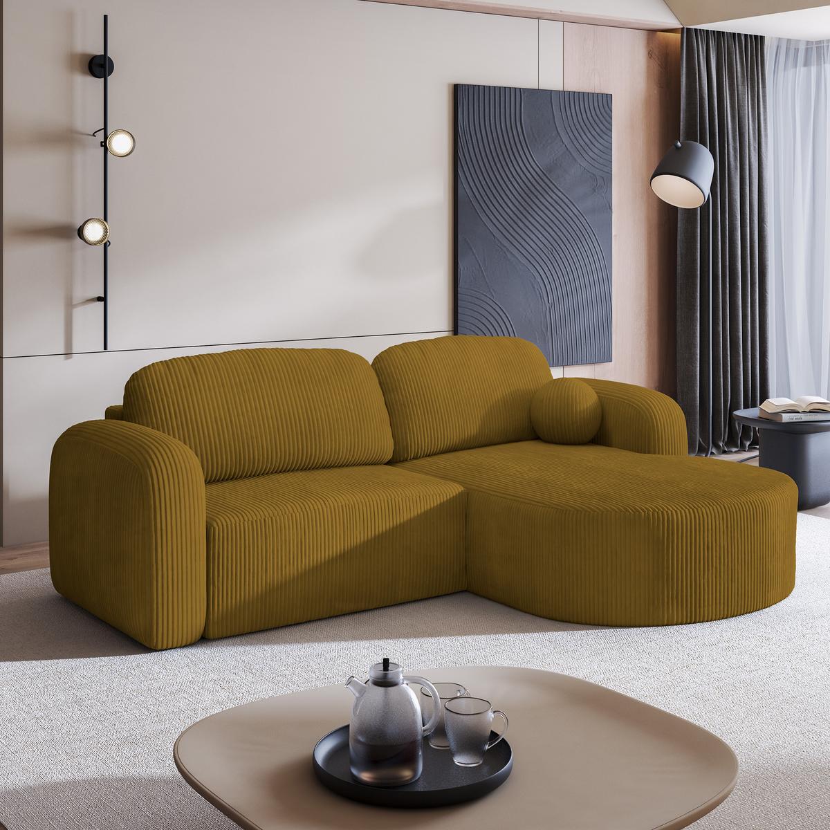 ECKSOFA AMILIA P R-S Gelb Kordstoff mit Schlaffunktion - Gelb, Holz (263/174cm) - MASSENO