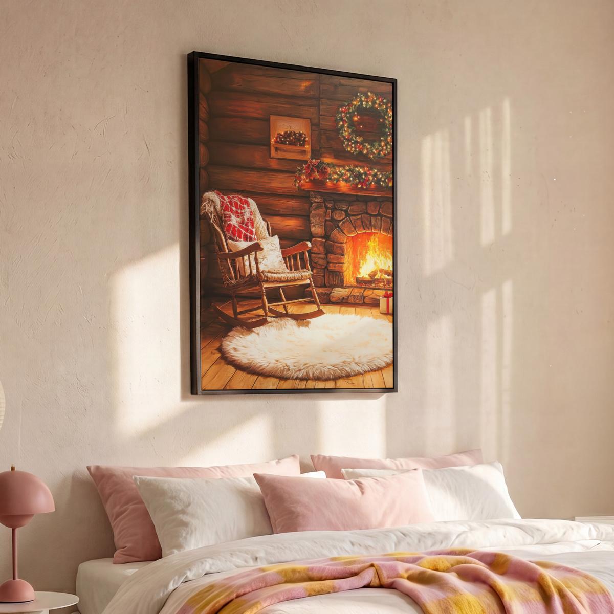 LEINWAND Bilder mit Rahmen - Winter - Weihnachten - Zuhause - Kamin - 90x140 - Bernsteinfarben, Textil (90/140cm) - MuchoWow