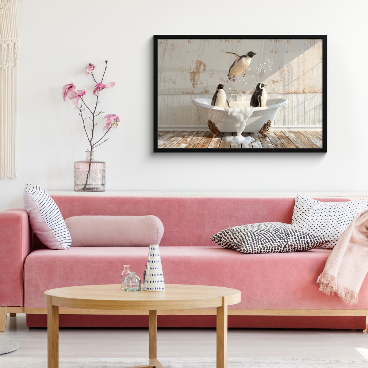 POSTER MIT RAHMENGERAHMTES BILD Vintage - Pinguin - Badewanne - Schaumstoff 90x60 cm - Schwarz, Papier (90/60cm) - MuchoWow
