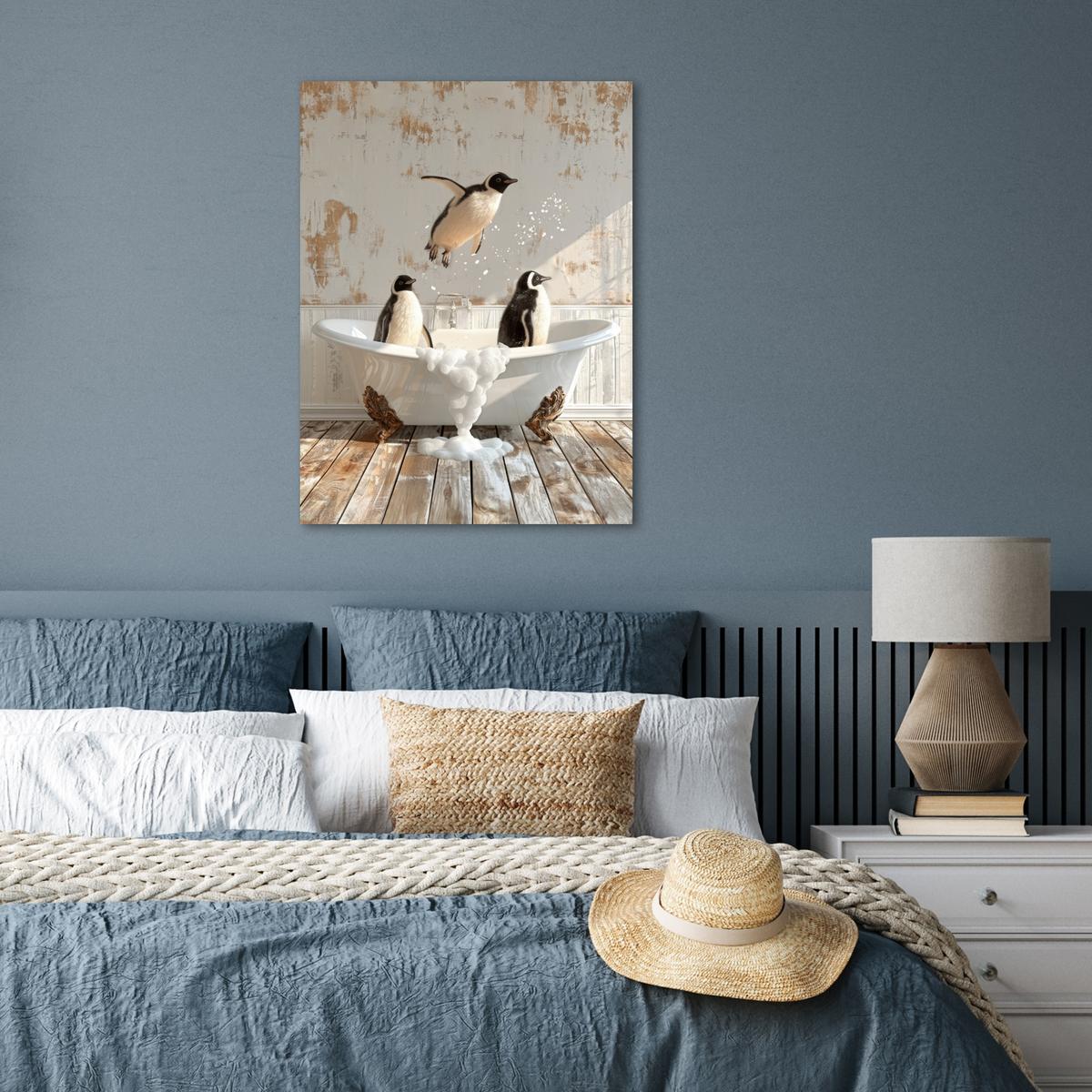 POSTER Vintage - Pinguin - Badewanne - Schaumstoff Deko Wohnzimmer 60x80 cm - Schwarz, Papier (60/80/0.1cm) - MuchoWow