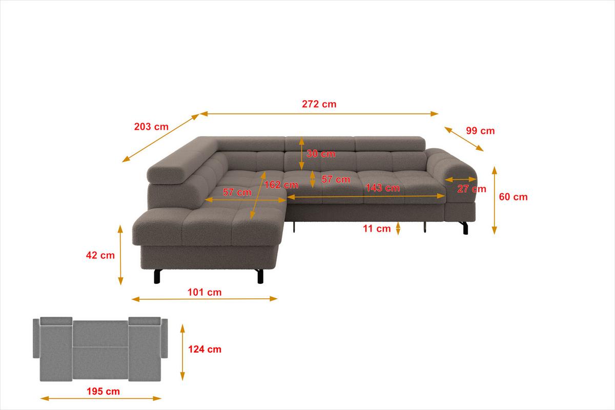 ECKSOFA mit Schlaffunktion Ottomane Links LUMA-L 272x203x70 Braun Bouclé - Dunkelbraun/Schwarz, Holzwerkstoff/Kunststoff (272/203cm) - ALTDECOR