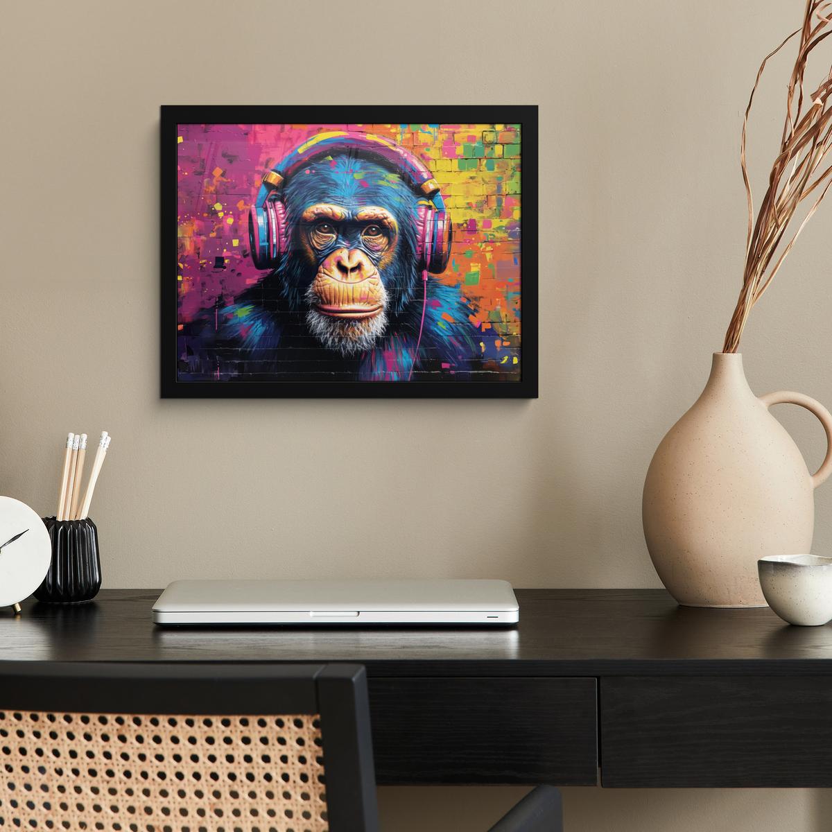 POSTER MIT RAHMENGERAHMTES BILD Graffiti - Schimpanse - Straßenkunst - Kopfhörer - Affe 40x30 cm - Blau, Papier (40/30cm) - MuchoWow