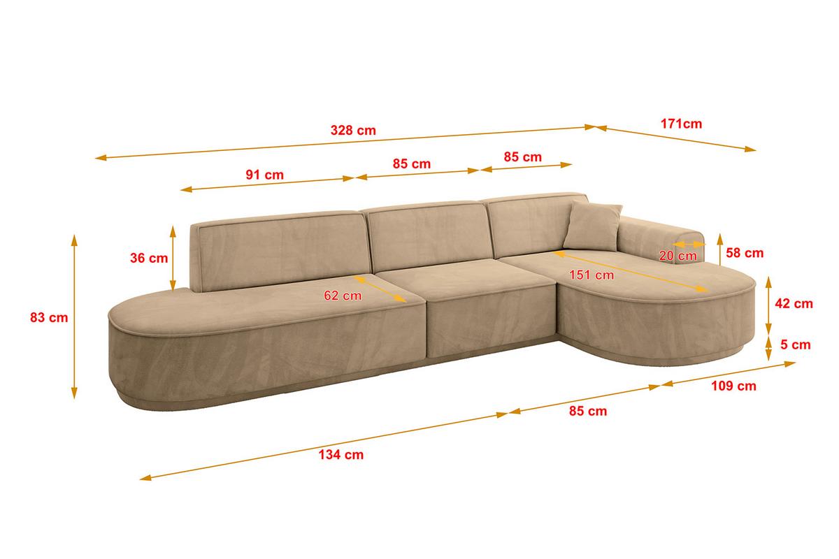ECKSOFA Ottomane Rechts MARI-L2-v3 - 328x171x83 cm Taupe Velours - Taupe/Schwarz, Holzwerkstoff/Kunststoff (171/328cm) - ALTDECOR