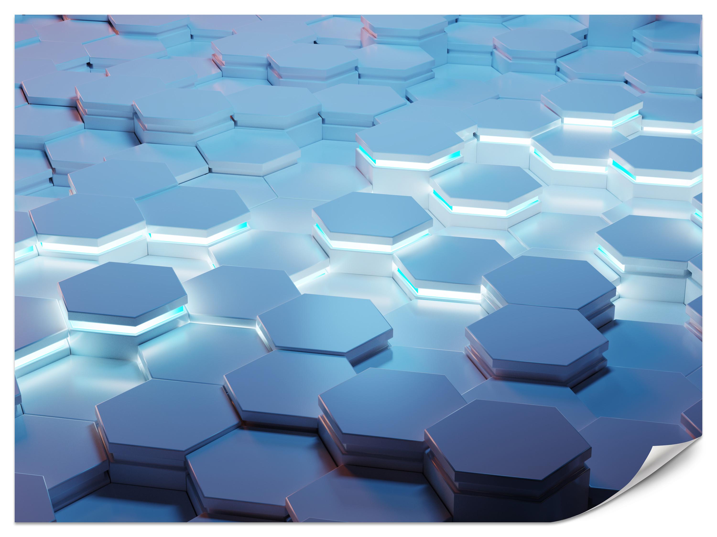 FOTOTAPETE für Jugendzimmer Blaue Neon Hexagone Formen Geometrie 500x350 - Blau/Weiß, Papier (500/350cm) - Muralo