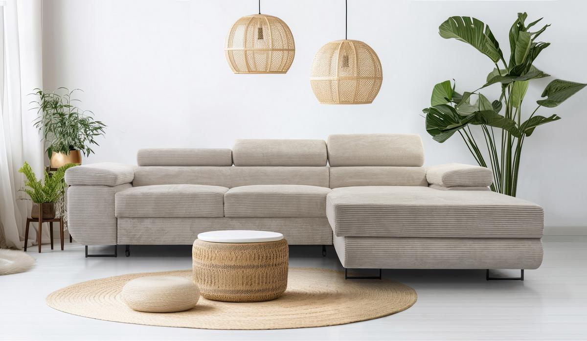 ECKSOFA GIULIO Beige Velours-Stoff mit Schlaffunktion - Beige, Holz (280/203cm) - MASSENO