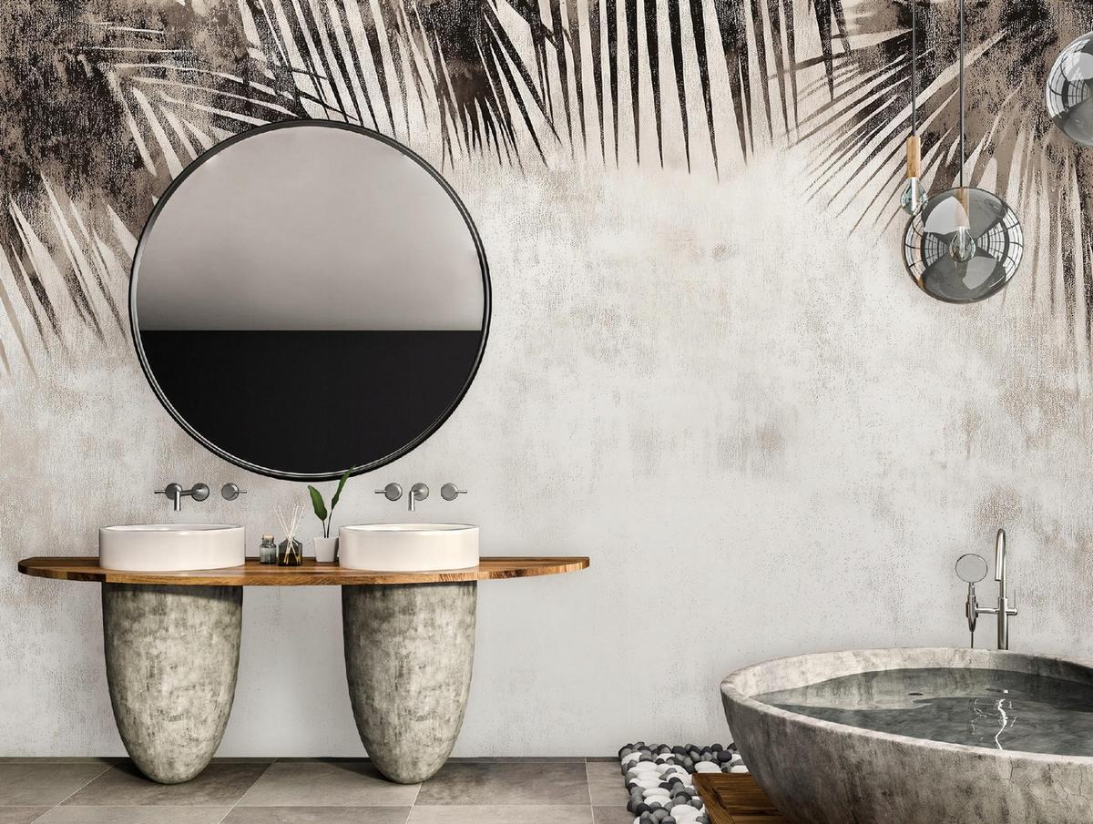 FOTOTAPETE Blätter Boho Beige Beton Wohnzimmer Tapete 200x140 - Beige, Papier (200/140cm) - Wallarena