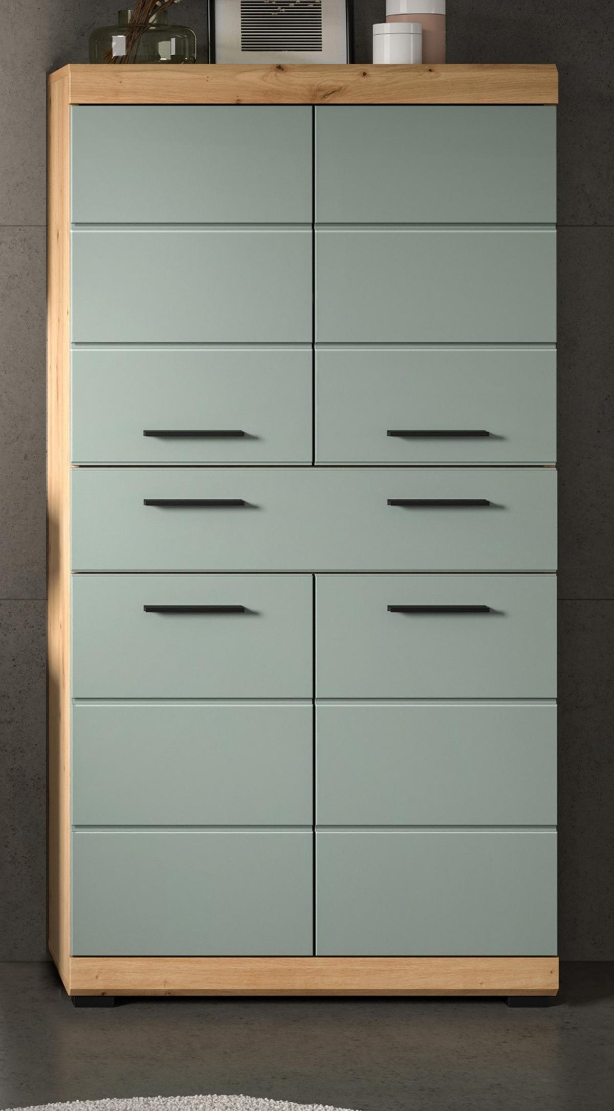 MIDISCHRANK Salbei grün, Eiche Artisan 74 x 141 cm, Badschrank 4-türig - Salbeigrün/Schwarz, Holzwerkstoff/Kunststoff (74/141/31cm) - Inn.Furn