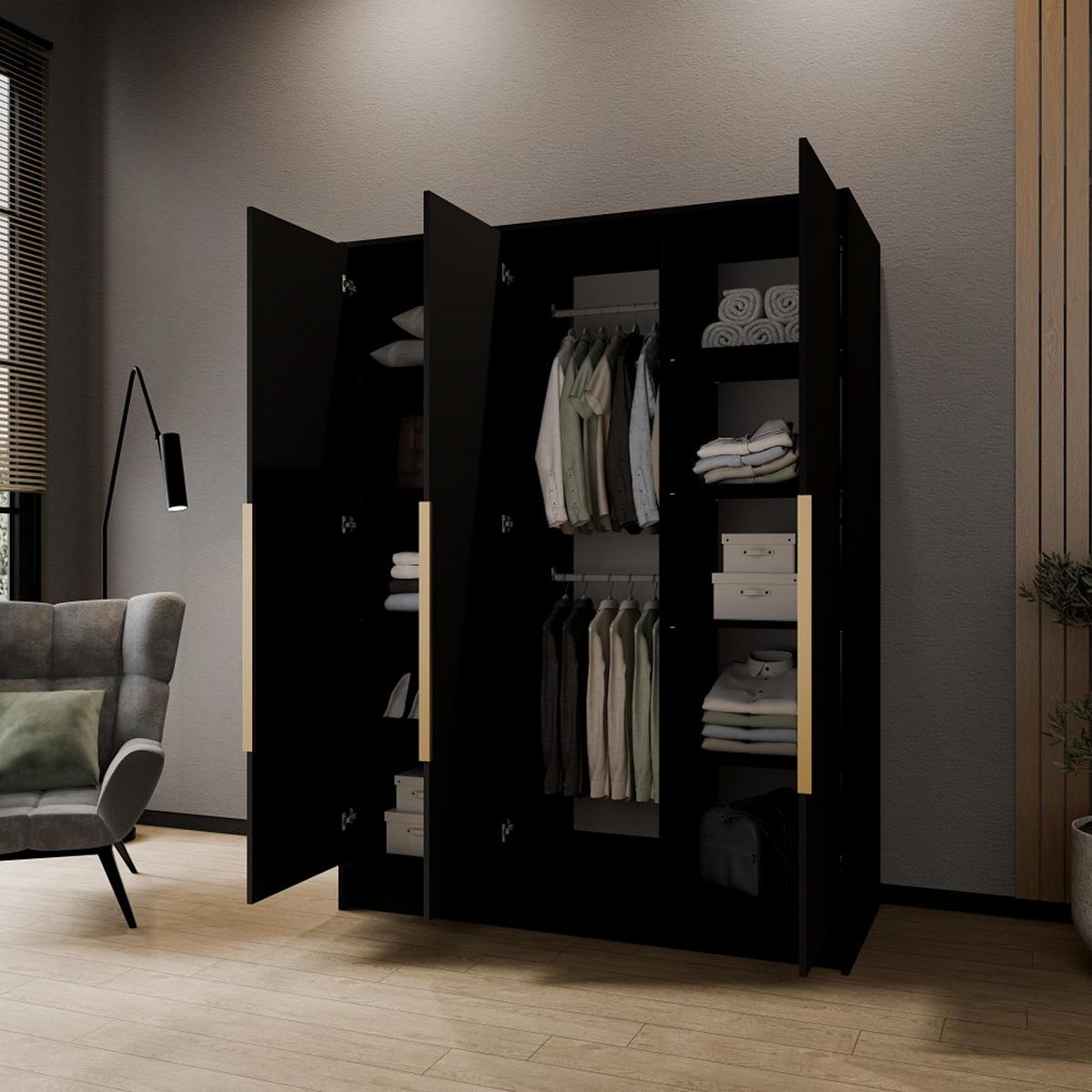 DREHTÜRENSCHRANK Pavia ohne Spiegel, Schwarz mit goldenen Griffen, 150 cm - Goldfarben/Schwarz, Holzwerkstoff (150/200/51cm) - Beautysofa