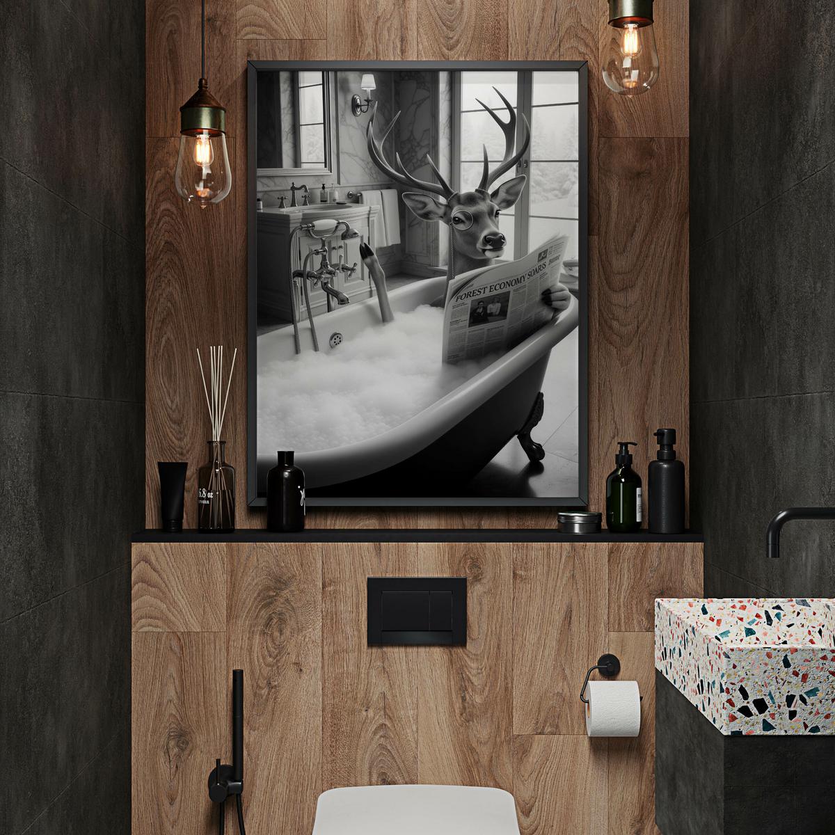 POSTER für Badezimmer WC Rehe HIRSCH in Badewanne Zeitung Abstraktion 20x30cm - Schwarz/Weiß, Papier (20/30/1cm) - Muralo