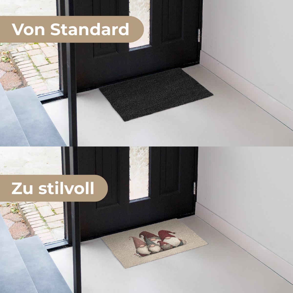 FUSSMATTE Wichtel - Weihnachten - Schnee - Zipfelmützen Türmatte 60x40 cm - Beige, Kunststoff (60/0.4cm) - MuchoWow