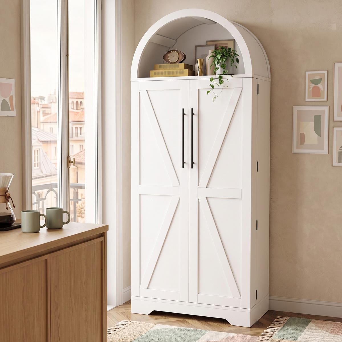 HIGHBOARD Bogenschrank Weiß 165x70x40cm mit Türablagen & offenem Fach Landhausstil - Weiß, Holzwerkstoff (70/165/40cm) - Urban Meuble