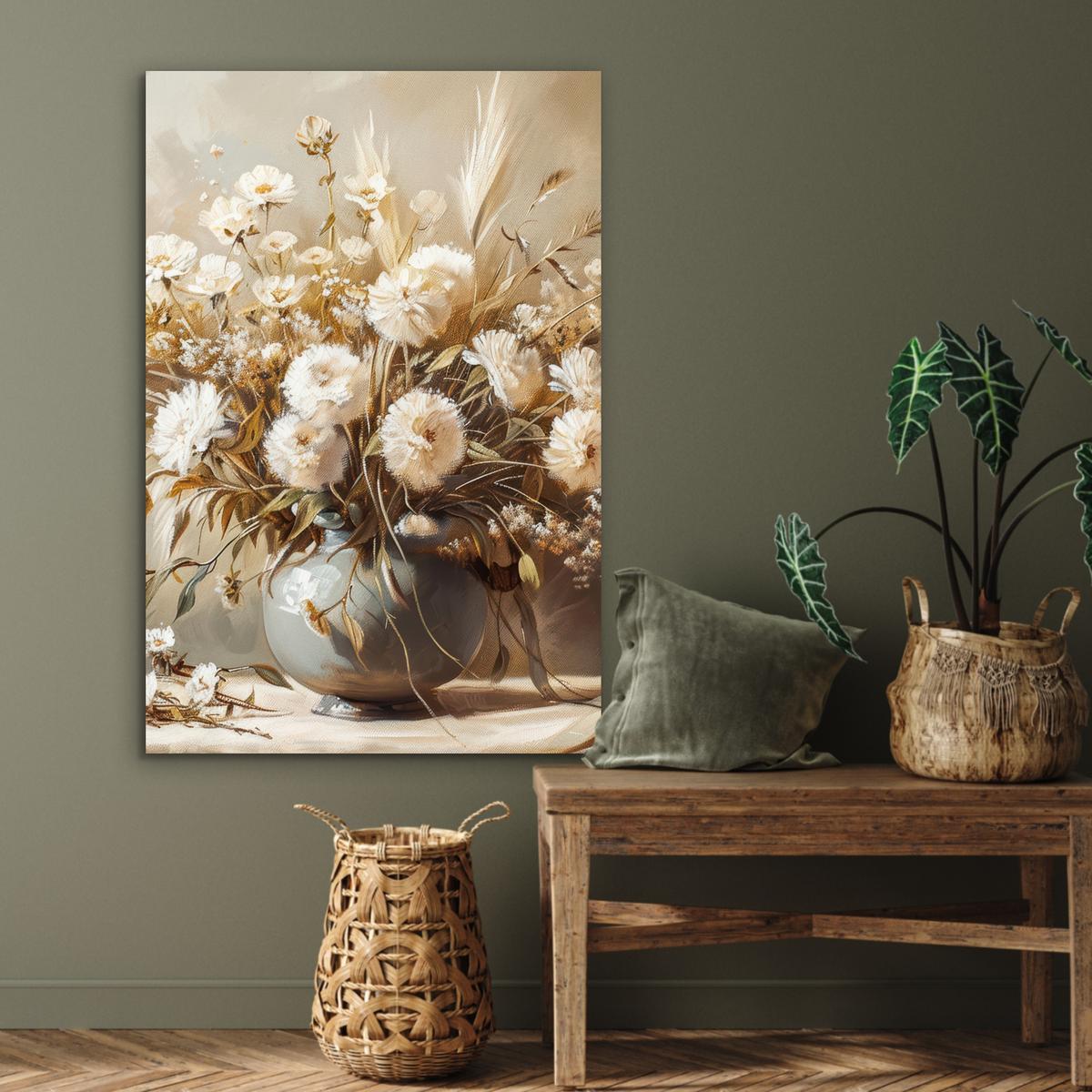 METALLBILD Blumen - Vase - Stilleben - Beige 80x120 cm - Creme, Metall (80/120cm) - MuchoWow