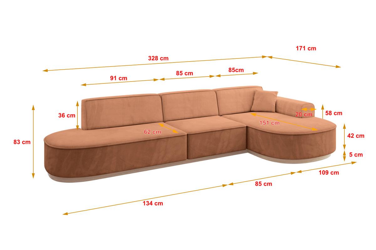ECKSOFA Ottomane Rechts MARI-L2-v1 - 328x171x83 cm Orange Velours - Orange, Holzwerkstoff/Textil (171/328cm) - ALTDECOR