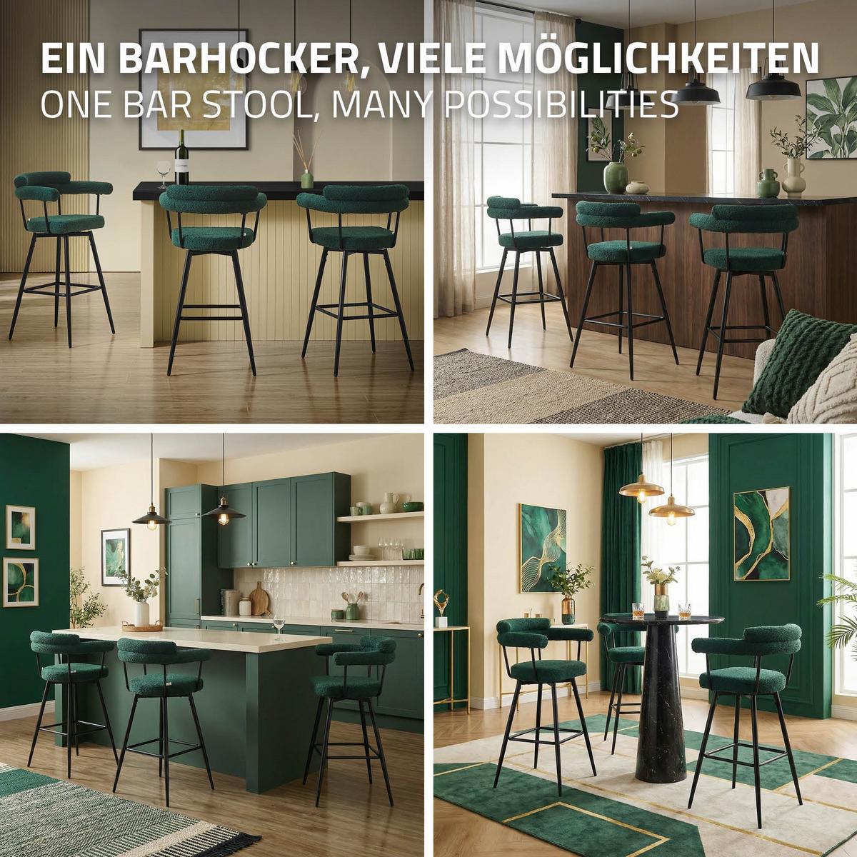 BARHOCKER 2er Set drehbar Dunkelgrün mit Teddy-Stoff 76 cm hoch - Dunkelgrün/Schwarz, Textil/Metall (61/103/55cm) - ML-DESIGN
