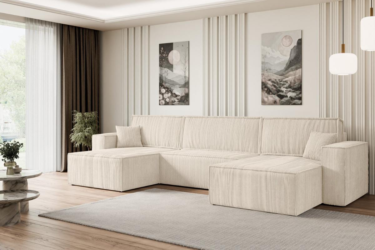 WOHNLANDSCHAFT mit Schlaffunktion und Bettkasten CELTIC-XLU - 377x143x83 cm Beige Cord - Beige/Schwarz, Holzwerkstoff/Kunststoff (377/83/143cm) - ALTDECOR