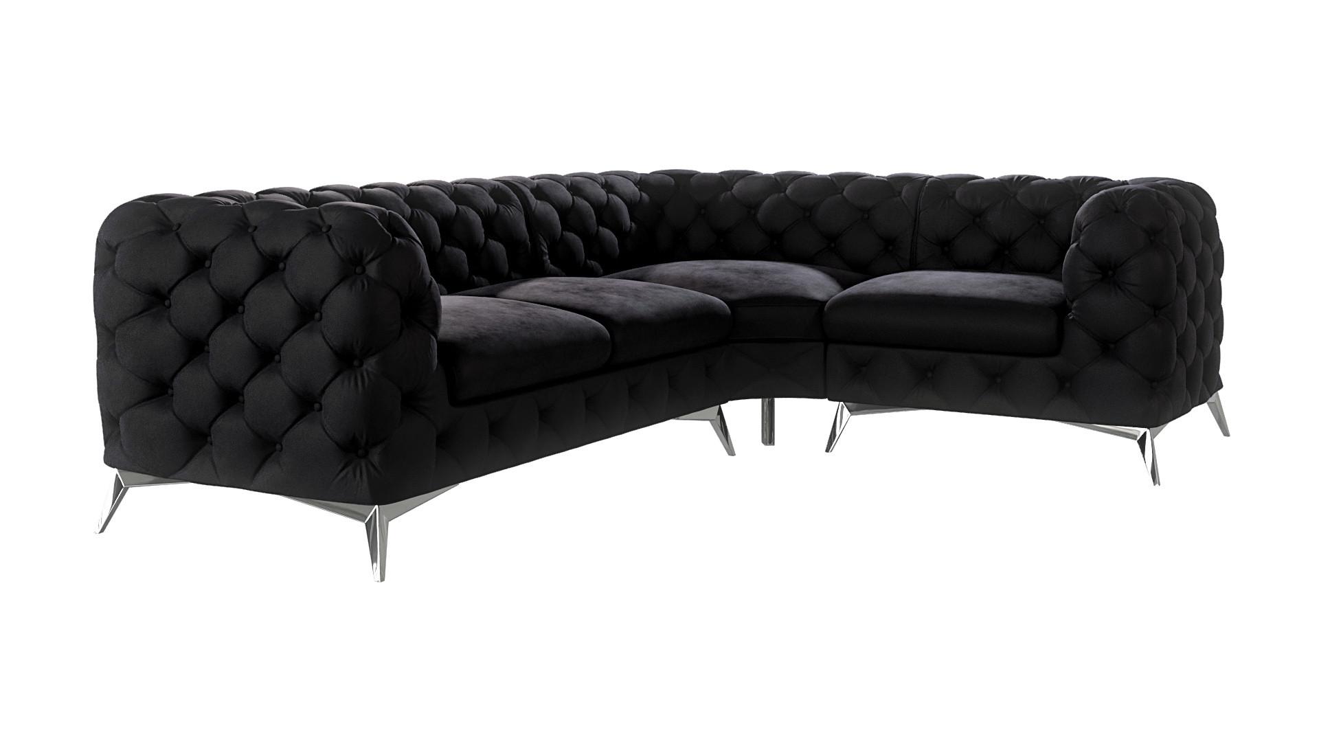 ECKSOFA Chesterfield Laura Schwarz Samt, Ottomane rechts - Silberfarben/Schwarz, Holz/Textil (264/204cm) - S-Style