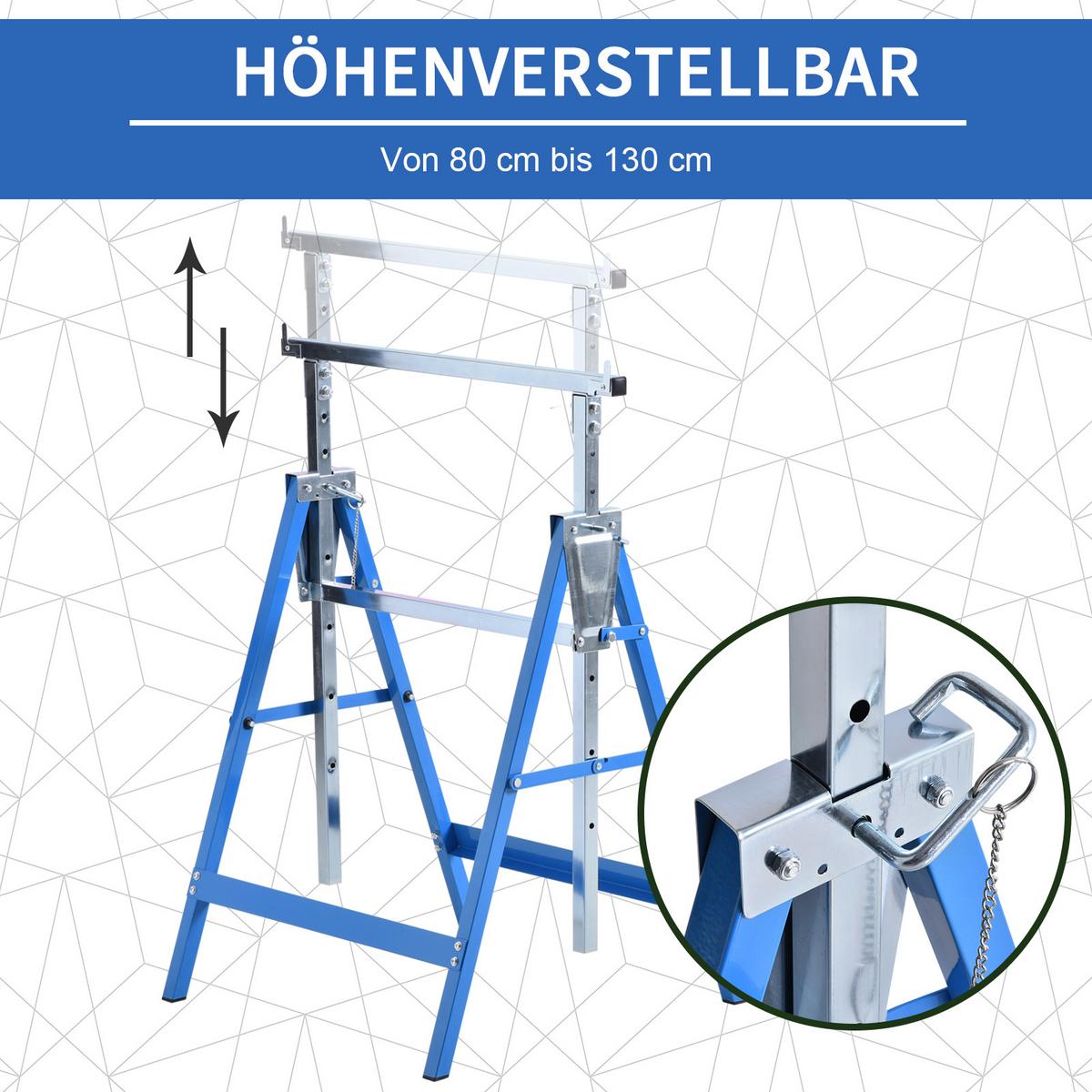 2 x Gerüstbock höhenverstellbar Unterstellbock Klappbock bis 200kg Stahl Blau - Blau, Metall (68/58/130cm) - HOMCOM