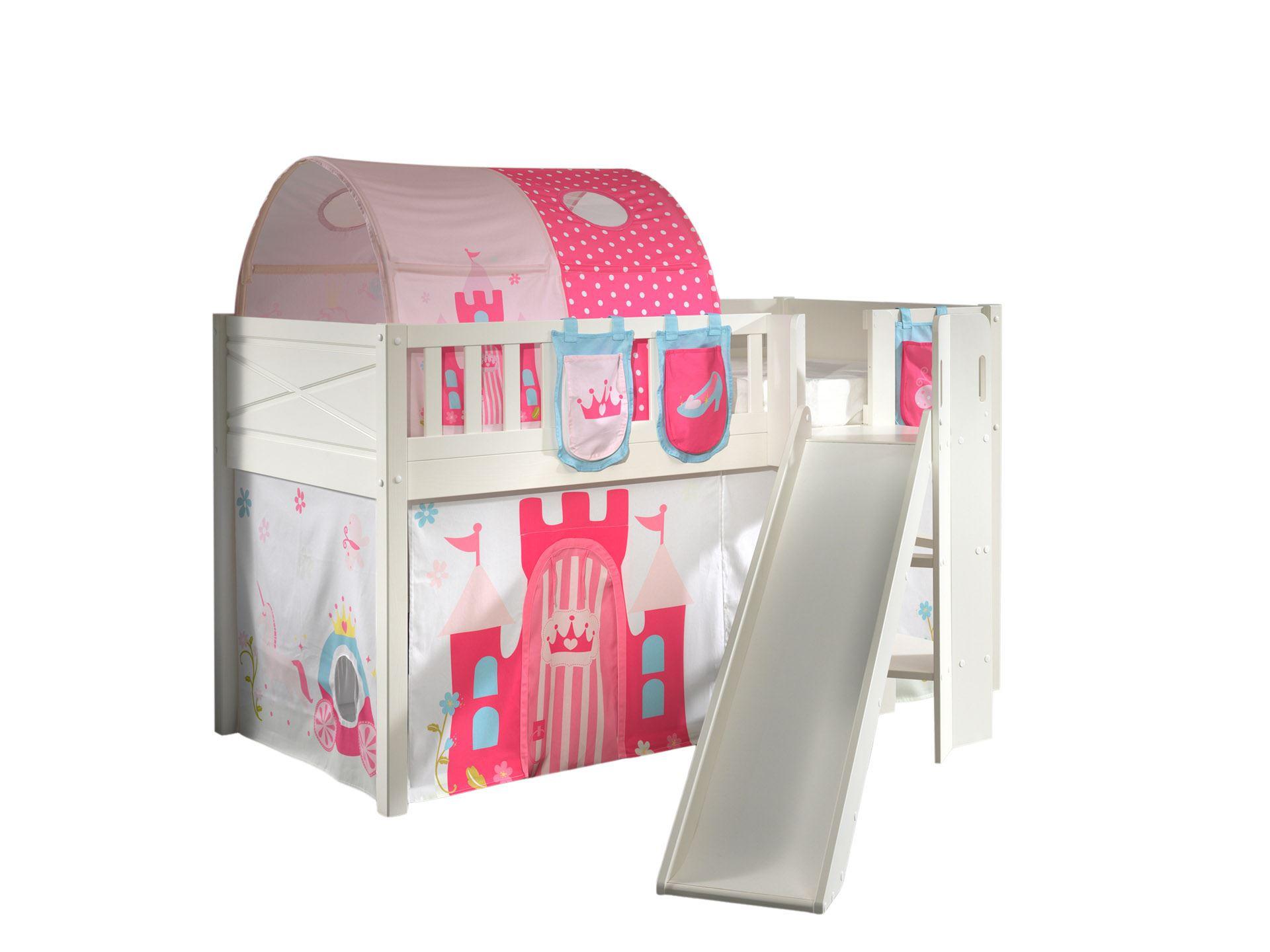 HOCHBETT mit Rutsche Karyl Massivholz Weiß Textilset Princess 4 - Magenta/Weiß, Holz (90/200cm) - 58aufmkessel