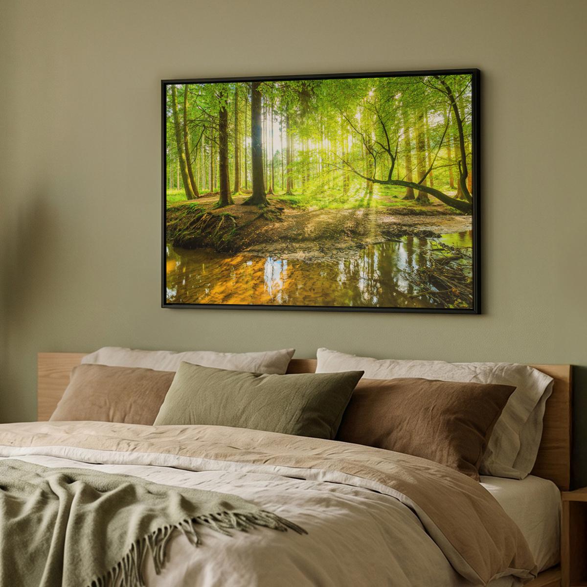 LEINWAND Bilder mit Rahmen - Wald - Landschaft - Wasser - Bäume - Sonne - Grün - Natur - 100x70 - Grün, Textil (100/70cm) - MuchoWow